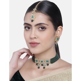 I Jewels Girls 18K Gold Plated Indian Bollywood Light Weighted Kundan Pearl Studded Jewelry Set (Ml224G) Green