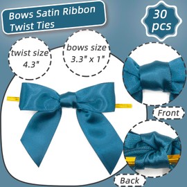 Bows Satin Ribbon Twist Ties for Christmas, 4.3 Inch Metallic Twist Ties Reusable, Decorative Bow Ties Ribbon Bows for Crafts, Bakery, Gift Wrapping, Wedding Birthday 30 Pcs (Peacock Blue)