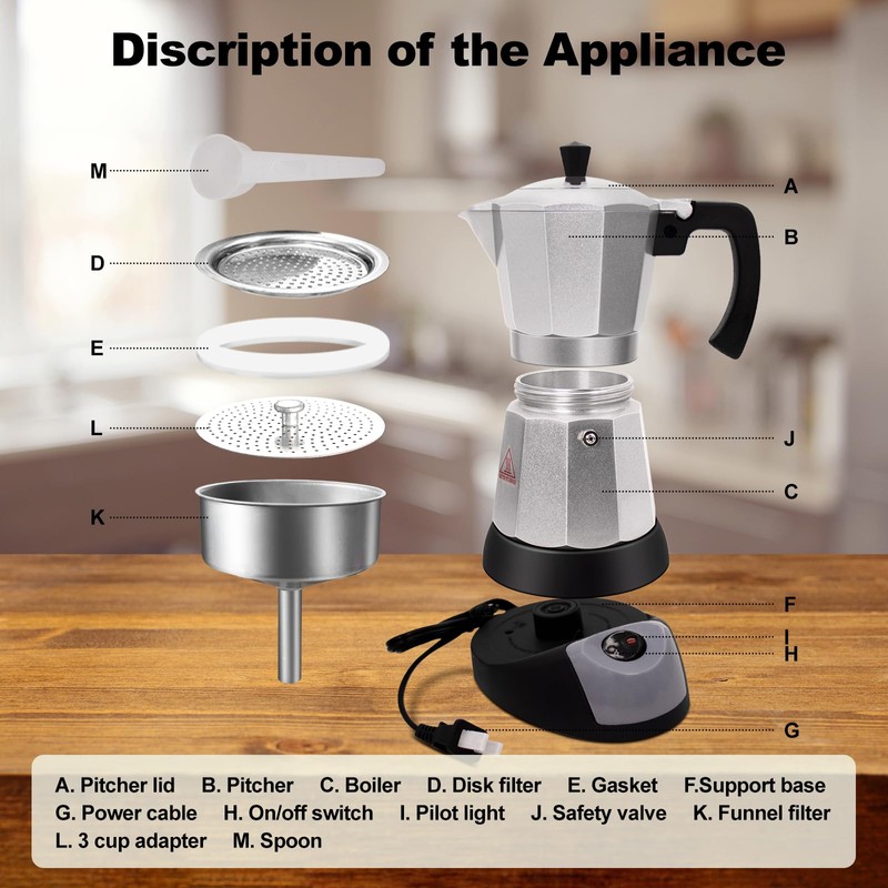 Vaolvpant Electric Aluminum Moka Pot 5-6 Cup 270ml Espresso Maker