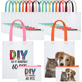 Sweetude 60 Pack Sublimation Canvas Tote bags Cosmetic Bags Bulk Reusable Blank Grocery Bags Printing Heat Transfer Makeup Bags Shopping Bags for DIY Craft Christmas Wedding Gift