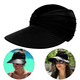 Sun Hat Women Beach Visor Cap UV Protection with Wide Brim Packable Summer Sport Ponytail Sun Cap Black