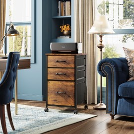 DEVAISE Mobile File Cabinet, Rolling Printer Stand with 3 Drawers, Fabric Vertical Filing Cabinet fits A4 or Letter Size for Home Office, Rustic Brown Wood Grain Print