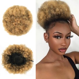 quesdom Afro Puff Ponytail Extension Synthetic Ombre Brown 80 Grams Afro Puff Drawstring Clip on Kinky Curly Bun for Black Women(1B-27 Ombre Brown)