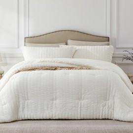 Quataly Beige Oversized Queen Comforter Set - 3 Pieces Seersucker Lightweight Bedding Comforter Sets (1 Soft Fluffy Comforter & 2 Pillowcases) - All Seasons Cozy Farmhouse Bed Sets for Women Men