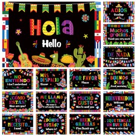 Supervitae 16 Pcs Spanish Posters Classroom Decorations Spanish Words Phrases Poster Bilingual Educational Language Bulletin Board Hispanic Heritage Month Bulletin Board for Classroom Office Decor