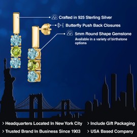 Gem Stone King 18K Yellow Gold Plated Silver Blue Zircon and Green Peridot Drop Dangle Earrings For Women | 2.25 Cttw | Gemstone Birthstone | Round 5MM