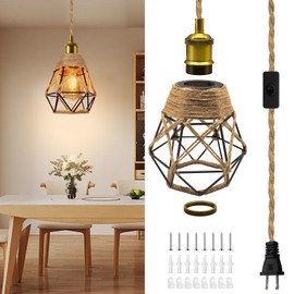 Industrial Plug in Hanging Light Fixtures, 510 cm Hemp Rope Pendant Lights with Metal Woven Lampshade, Rustic Plug in Ceiling Light Brass E27 Lamp Holder Vintage DIY Hanging Lamp Kit for Farmhouse