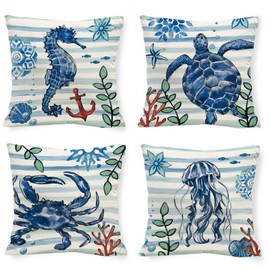 Tikeciti Summer Ocean Pillow Covers Blue Stripes 18 x 18 Inch Throw Pillows, Sea Turtle Jellyfish Decorative Farmhouse Cushion Case for Sofa Couch Set of 4