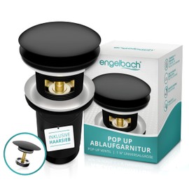 Engelbach Drain Fitting Sink with Overflow - Pop-Up Drain Fitting Including 4 Seals - Drain Valve Sink with Video - Universal Drain Valve for Washbasin of All Types - Matt Black