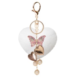 JK Home Heart Locket Keyring Pom Poms Love Keychains Crystal Butterfly Key Chain - Fluffy Plush Heart Keyrings DIY Photos Locket Key Ring With Storage Box for Charms Car Key Bags Phone White