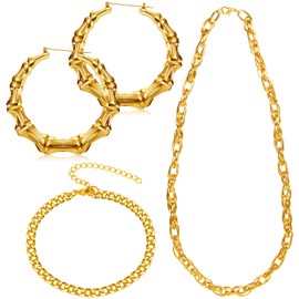 4 Pcs 90s Jewelry for Women 90s Accessories for Women Hip Hop Costume Kit Big Hoop Earrings Set Necklace Bamboo Pendant Chain Necklace Bracelet for Women Rapper (Cool Style)
