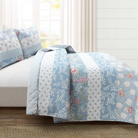 Lush Decor Cottage Core Flower Stripe Oversized Reversible 3 Piece Cotton Quilt Set, King, Blue & Dusty Pink