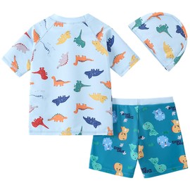 AIWUHE Boys' Rash Guard Set 2 Piece Swimsuits Toddler Short Sleeve UV Sun Protection Swimwear Light Bathing Suit D14 Light Blue Dinosaur 2XL 5-6Y
