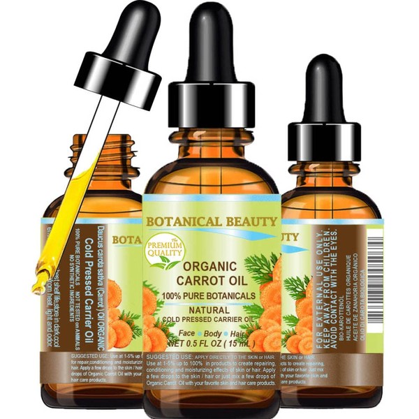 Botanical Beauty CARROT OIL Organic 100% Natural / Pure Botanicals / Cold Pressed Carrier Oil 0.5 Fl. oz. -15 ml. For Face, Body, Hair and Nail Care