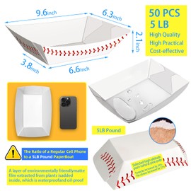 MotBach MotBach 50 Pack 5Lb Extra Large Paper Food Boat Trays,Baseball Birthday Decorations Baseball Party Favors,Disposable Paper Food Serving Tray Boat Plate for Snack Popcorn Burger Hotdog Taco Fries Nacho