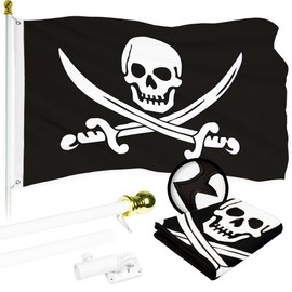 G128 Combo Pack: 5 Ft Aluminum Spinning Flagpole (White) & Pirate Jolly Roger Swords Flag 2.5x4 Ft, ToughWeave Series Embroidered 300D Polyester | Pole with Flag Included
