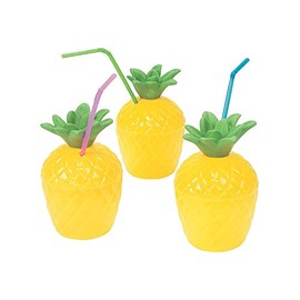 Fun Express 12 Pieces Plastic Pineapple Cups, Holds 10 oz, BPA Free Plastic, Party Supplies, Drinkware, Sipper & Molded Cups, Yellow & Green