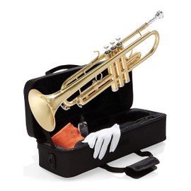 Mendini By Cecilio Bb Standard Trumpet Set for Beginners - Brass Student Trumpet Instrument with Hard Case, 7C Mouthpiece, Valve Oil, Cleaning Cloth, Gloves (Gold)