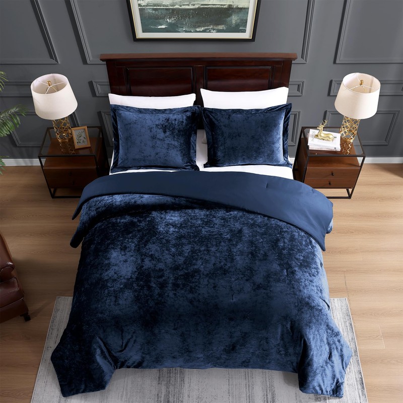 TAMGHO Navy Blue Velvet Comforter King Set 3pc, Blue Velvet