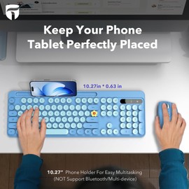 Wireless Keyboard and Mouse Combo, Retro Round Keycaps, Full-Size Cute Typewriter Keyboard with Large Phone/Tablet Holder, Auto-Sleep, 2.4GHz Cordless Connection for Windows/PC/Laptop (Sky Blue)