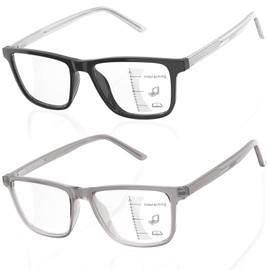 JO Progressive Multifocus Reading Glasses 2 Pack Reader with Metal Core Wire Acetate Frame for Near Workspace (Black/Grey, 1.5, x)