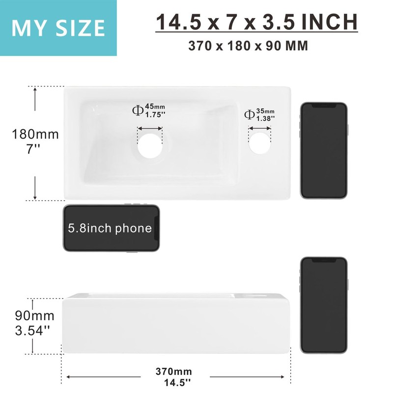 J-FAMILY 14.5'' x 7'' Small Wall Mount Sink Rectangle Porcelain