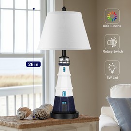 Modern Lighthouse Table Lamps Set of 2, White Navy Blue Bedside Nautical Table Lamp, Nautical Style Resin Reading Lights for Bedroom Livingroom, Bulbs Included