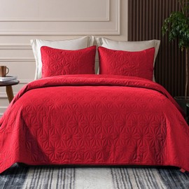 Whale Flotilla California King Quilt Bedding Set, Soft Bright Red Oversized Bedspreads Quilts Cal King Size for All Seasons, 3 Pieces Lightweight Geometric Star Pattern Coverlet