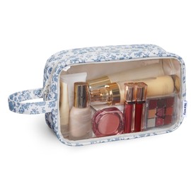 Narwey Clear Travel Toiletries Bag, Toiletry Bags for Women, Clear Makeup Wash Bag Travel Holiday Essentials for Women and Men (Little Blue Flower-1)