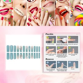 Rchovsam Xl Blue Ombre Press on Nails Extra Long Square Fake Nails with Butterfly Flowers Design Nails Press on Blue Matte Glue on Nails Acrylic Artificial Gel Nails Kit for Wemons 24pcs