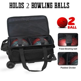 WOLT | 2 Ball Bowling Bag with Wheels-Bowling Bags 2 Ball Roller with Separate Shoe Compartment, Double Bowling Ball Bag with Accessory Pocket, Retractable Handle Extends to 40"