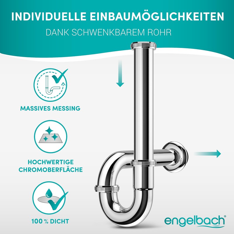 Engelbach® Siphon for washbasins, extra long 200 mm, drain pipe,