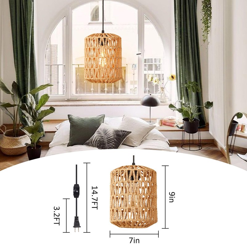YXTH Plug in Pendant Light, Rattan Hanging Lights with Plug