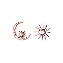 Reffeer Solid 925 Sterling Silver CZ Moon Star Earrings Stud for Women Teens Moon Sun Studs Earrings Asymmetric (B-Rose Gold)