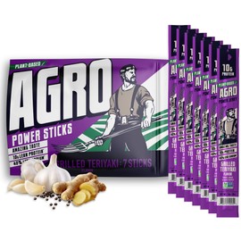 AGRO POWER Vegan Jerky Sticks, 10g Protein per Stick, Teriyaki Flavor Plant-Based, 7 Stick Bag, Non-GMO, 40% Less Sodium, Zero Cholesterol, Meat Alternative, High Protein Snack for Lunch, On-the Go Fuel