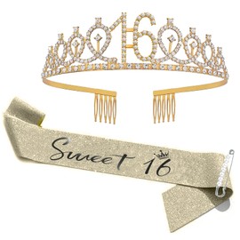 FUNSACHY 16th Birthday Sash & Rhinestone Tiara Set, 16 Year Old Birthday Gifts for Her 16th Party Decorations Supplies for Girls (Gold)
