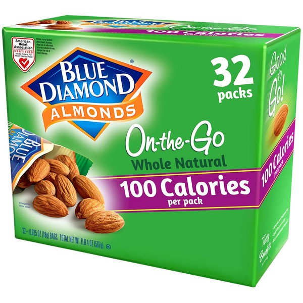 Blue Diamond Almonds Whole Natural Raw Snack Nuts, 100 Calorie Travel Bags, 32 count