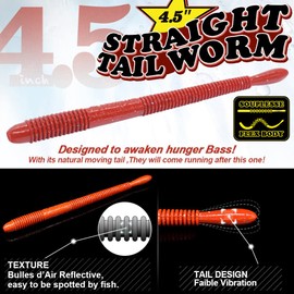 Drop-Shot-Rigs-for-Bass-Fishing-Soft-Plastic-Lures-Worm Fishing Hooks, 4.5 inch Rubber Worms, Wacky Worms, Straight Tail Stick Baits -22 Piece Kit with 10 Bodies, 6 Hooks, 6 Weights