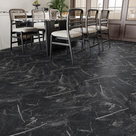 VaryPaper 20 Pack 12''x12'' Black Marble Floor Tiles Peel and Stick Vinyl Flooring Tiles Waterproof Stick on Floor Tiles for Bathroom Kitchen Self Adhesive Removable Temporary Flooring for Renters