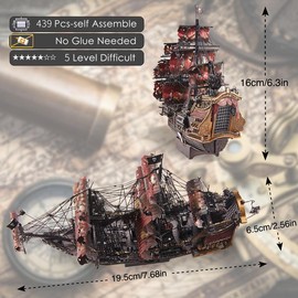 Piececool 3D Metal Puzzles for Adults, Red Queen Anne's Revenge Pirate Ship Model Kits, 3D Watercraft Model Building Kit, DIY Difficult 3D Puzzles