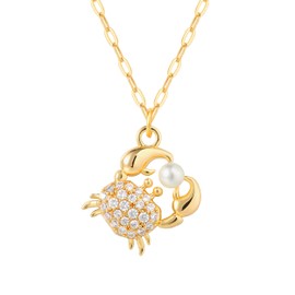 Fettero Gold Necklace for Women 14K Gold Plated Boho Beach Neckalce Charm CZ Crab Pendant Necklace Adjustable Paperclip Chain Necklace Beach Jewelry for Women - Crab