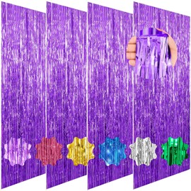 Purple Tinsel Backdrop, 4 Pcs 3.3x6.6 Ft Party Streamers Photobooth Backdrops, Metallic Foil Fringe Curtain for Girl Birthday Decorations, Purple Tinsel Birthday Backdrop for Bachelorette Party Decor