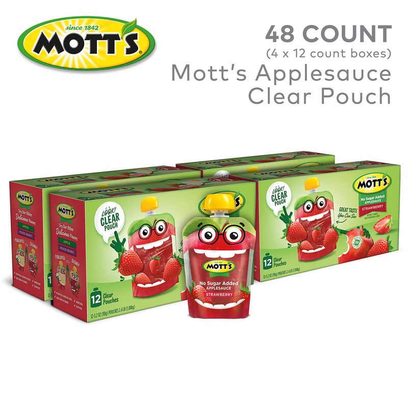 Mott's No Sugar Added Strawberry Applesauce, 3.2 Oz Clear Pouches,