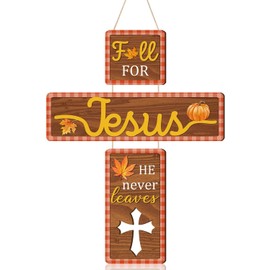 TOARTi 3Pcs Fall for Jesus He Never Leaves Wood Sign Autumn Religious Wall Hanging Pumpkin Cross Wall Sign Vintage Maple Leaf Door Hanging Christian Jesus Door Hanger for Church Outdoor Porch Decor