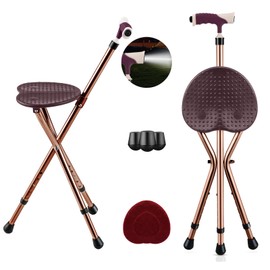 S AFSTAR Walking Cane with Seat, Height Adjustable Cane Chair with LED Light & Retractable 3 Legs, Portable Anti-Slip Seat Cane, Heavy Duty Walking Stick Chair for Seniors Elderly (Coffee)