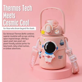 Outer Space Kids Water Bottle – 850ml Leakproof Stainless Steel with Straw Lid, Strap & Stickers – Insulated Double Wall Bottle Keeps Drinks Cold 24H / Hot 12H for School & Travel - Pink