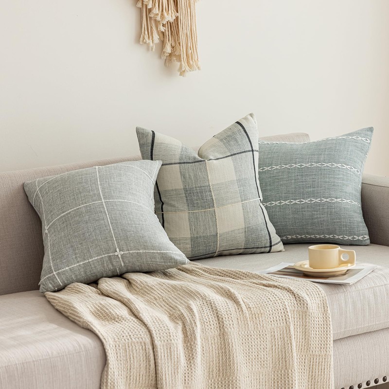 vctops Rustic Lattice Cotton Linen Decorative Throw Pillow Cover Embroidery