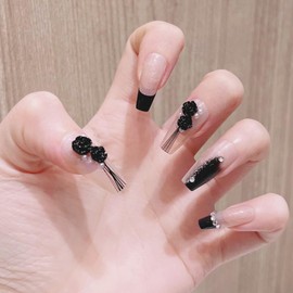 CATKIN Press On Nail Fasle Nail with design 24pcs Full Cover Reusable Acrylic Nails Artificial Nails for Women girls Long Square Decoration Fake Nails Black Rose