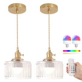Shenmoyl Battery Operated Pendant Light 5000mAh Rechargeable Chandelier with Remote Control Wireless Adjustable Hanging Clear Striped Light for Kitchen Island Dining Room Hallway, 2 Pack
