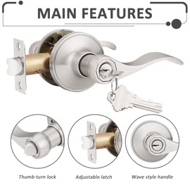 Probrico (6 Pack Keyed Alike Entry Door Lever [Lock with 3 Combo Keys],Locking Door Handle for Office or Front Door,Satin Nickel Finish Wave Entrance Door Lock, Reversible Right & Left Side Handed